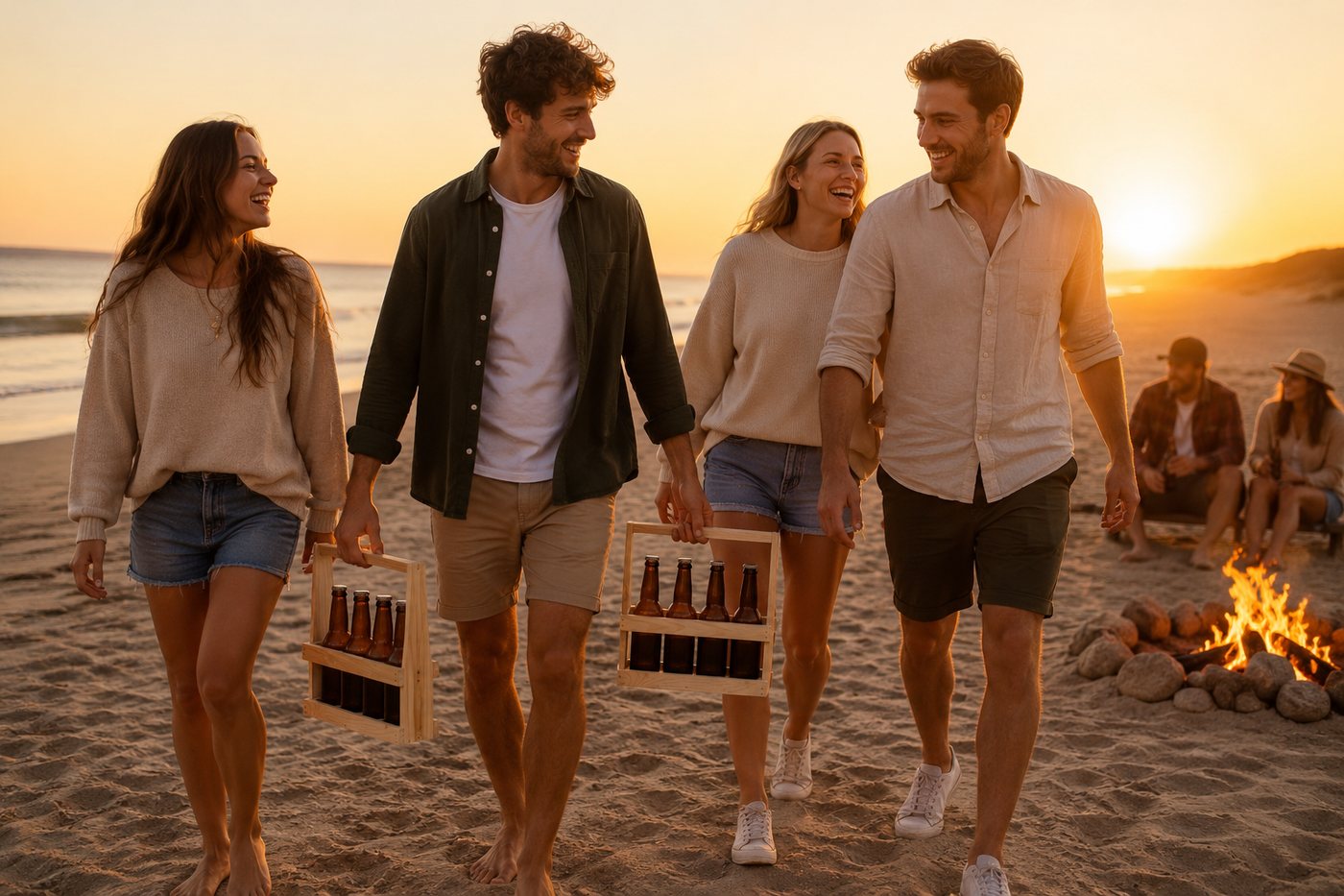 Drewniane nosidła na piwo niesione na plaży o zachodzie słońca